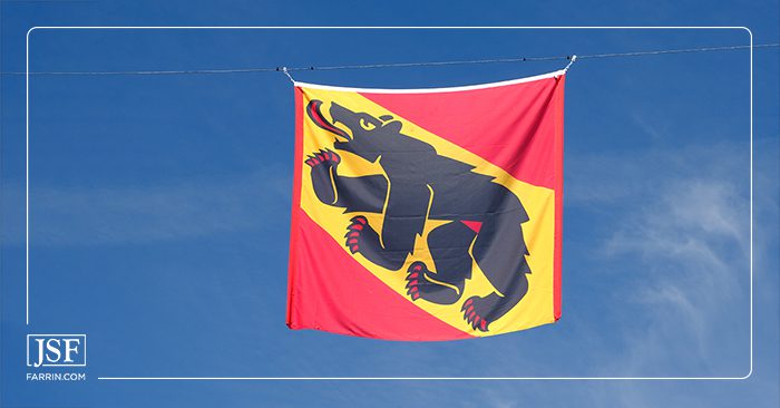Flag bearing the bear coat of arms of the canton and city of Bern, sister city of New Bern, NC.